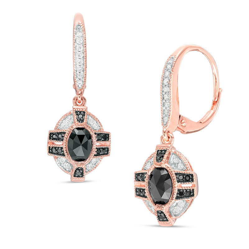 1.23 CT. T.W. Oval Enhanced Black and White Diamond Frame Vintage-Style Drop Earrings in 10K Rose Gold