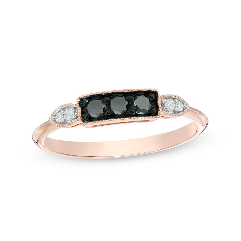 0.24 CT. T.W. Enhanced Black and White Diamond Three Stone Vintage-Style Ring in 10K Rose Gold|Peoples Jewellers