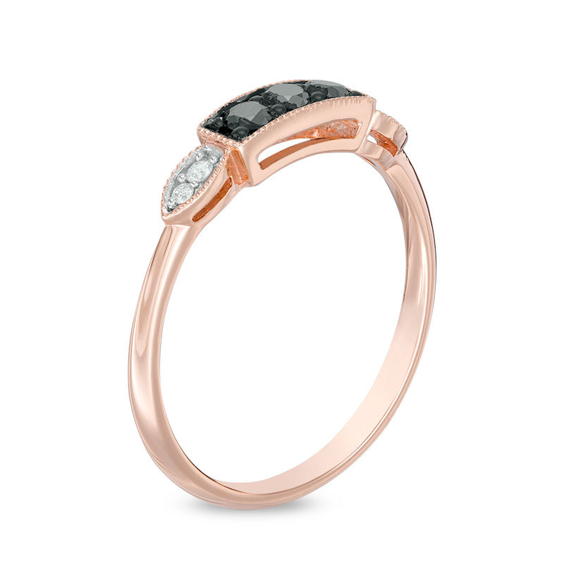 Main Image 2 of 0.24 CT. T.W. Enhanced Black and White Diamond Three Stone Vintage-Style Ring in 10K Rose Gold