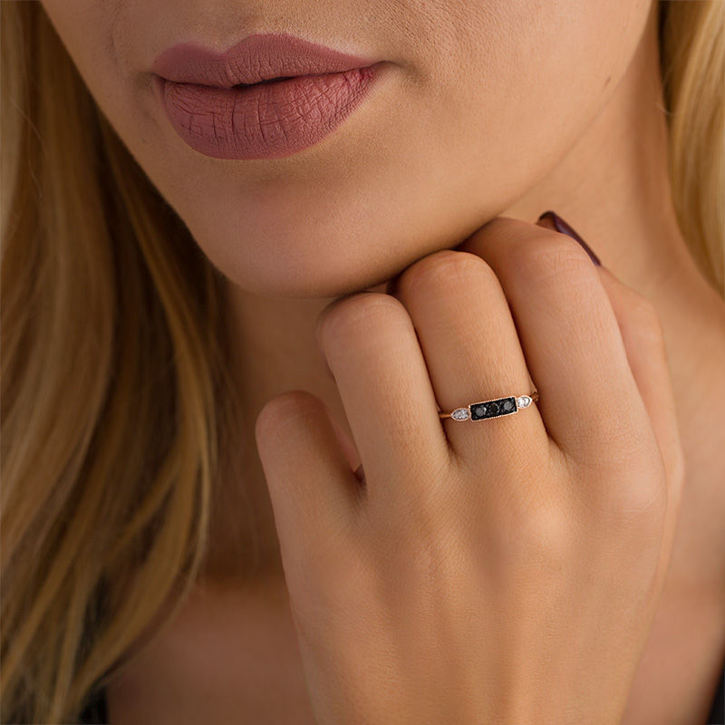 Main Image 3 of 0.24 CT. T.W. Enhanced Black and White Diamond Three Stone Vintage-Style Ring in 10K Rose Gold