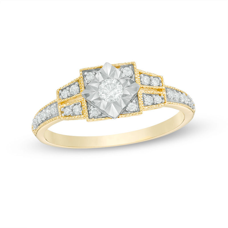 0.23 CT. T.W. Diamond Square Frame Art Deco Vintage-Style Promise Ring in Sterling Silver with Yellow Rhodium