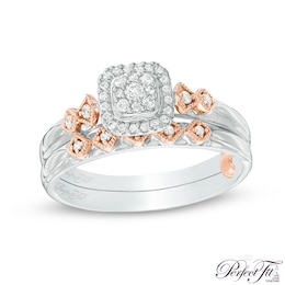 Perfect Fit 0.18 CT. T.W. Composite Diamond Cushion Frame Interlocking Bridal Set in 10K Two-Tone Gold