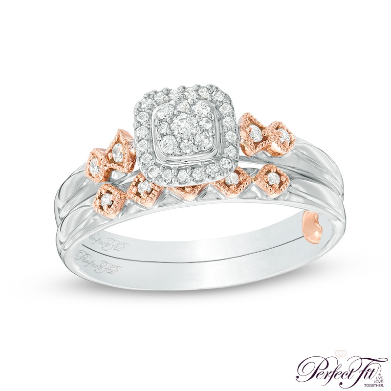 Perfect Fit 0.18 CT. T.W. Composite Diamond Cushion Frame Interlocking Bridal Set 10K Two-Tone Gold