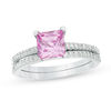 Thumbnail Image 0 of 6.0mm Princess-Cut Lab-Created Pink Sapphire and 0.18 CT. T.W. Diamond Bridal Set in Sterling Silver