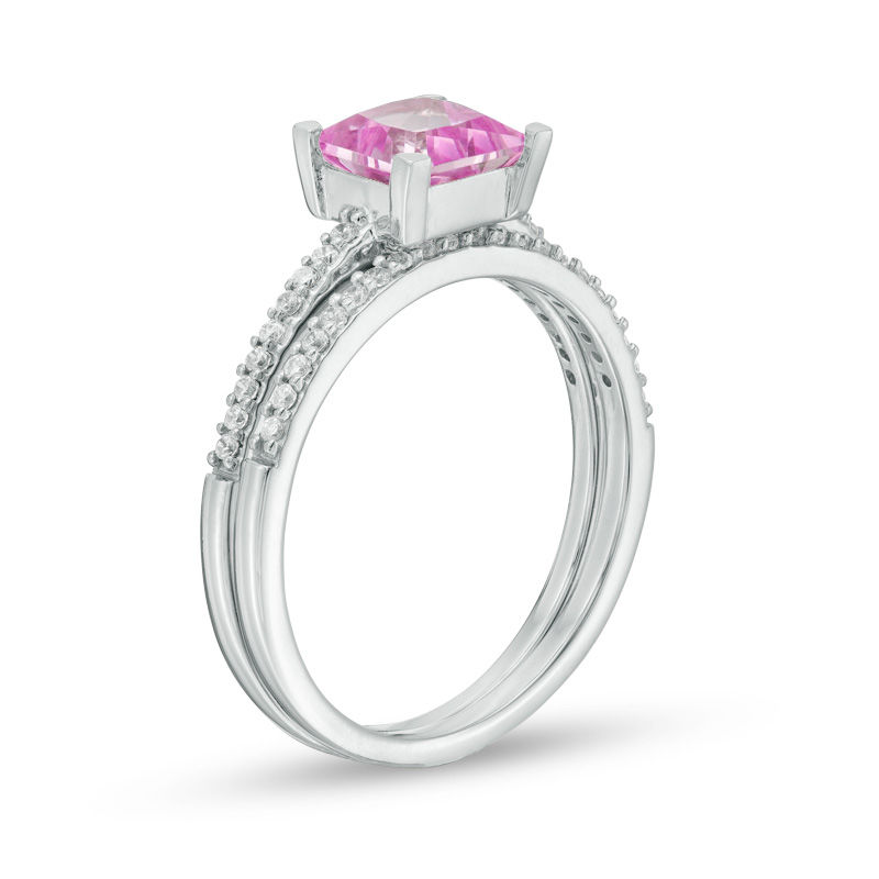 6.0mm Princess Cut Lab Created Pink Sapphire and 0.18 CT. T.W. Diamond Bridal Set in Sterling Silver