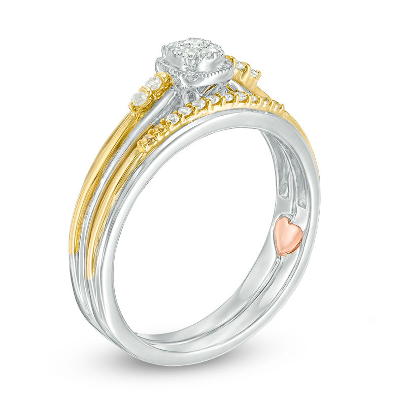 Main Image 2 of 0.12 CT. T.W. Composite Diamond Cushion Frame Interlocking Bridal Set in 10K Two-Tone Gold
