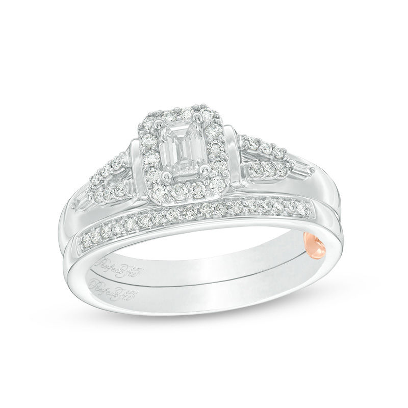 Main Image 1 of 0.50 CT. T.W. Emerald-Cut Diamond Frame Interlocking Bridal Set in 10K White Gold