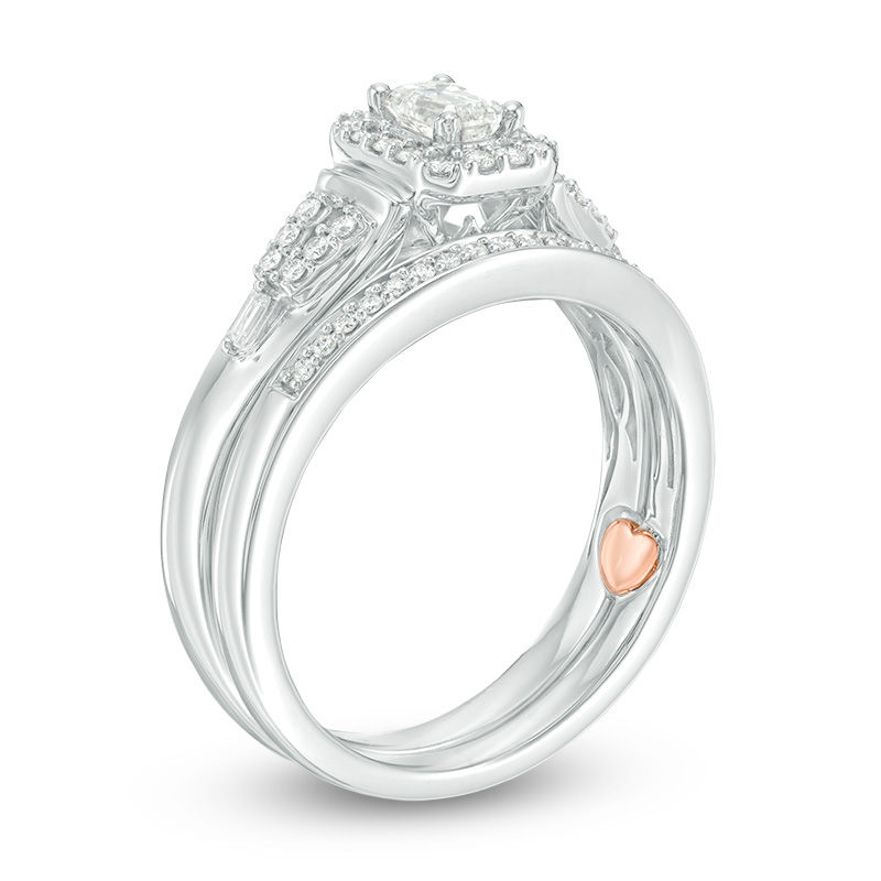 0.50 CT. T.W. Emerald-Cut Diamond Frame Interlocking Bridal Set in 10K White Gold