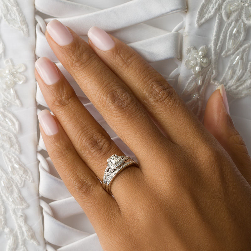 Main Image 3 of 0.50 CT. T.W. Emerald-Cut Diamond Frame Interlocking Bridal Set in 10K White Gold