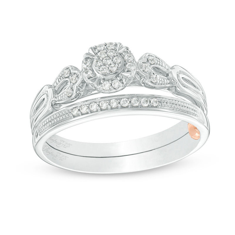 Main Image 1 of 0.12 CT. T.W. Composite Diamond Frame Vintage-Style Interlocking Bridal Set in 10K White Gold