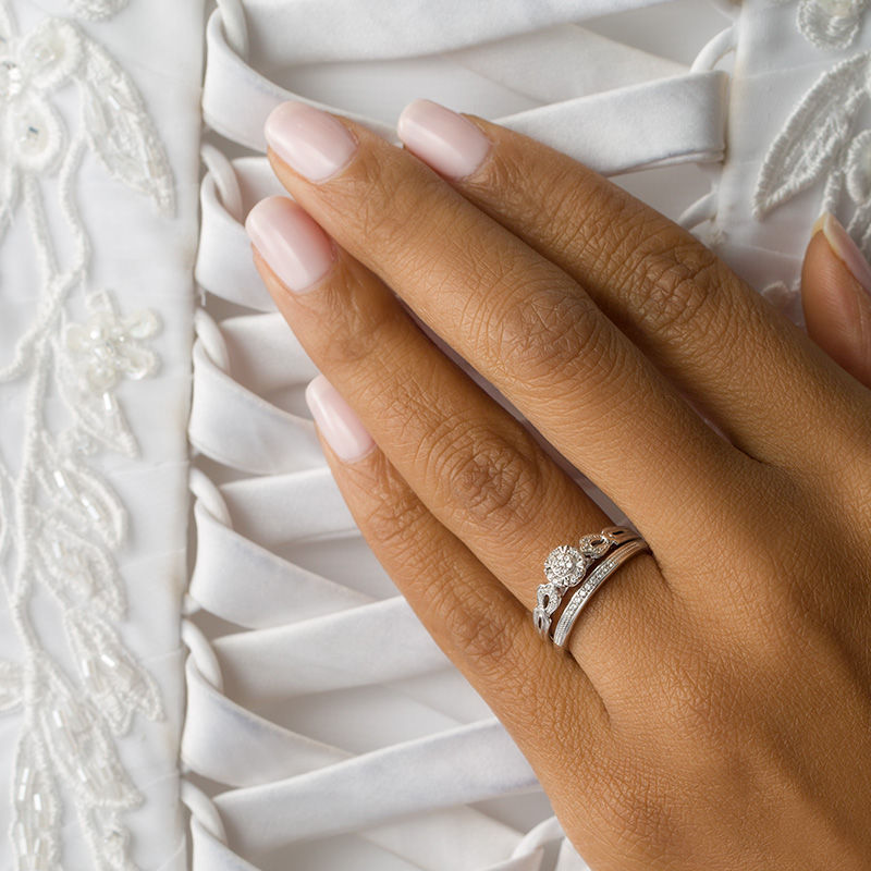 Main Image 3 of 0.12 CT. T.W. Composite Diamond Frame Vintage-Style Interlocking Bridal Set in 10K White Gold