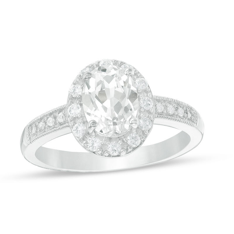 Main Image 1 of Oval Lab-Created White Sapphire Frame Vintage-Style Ring in Sterling Silver