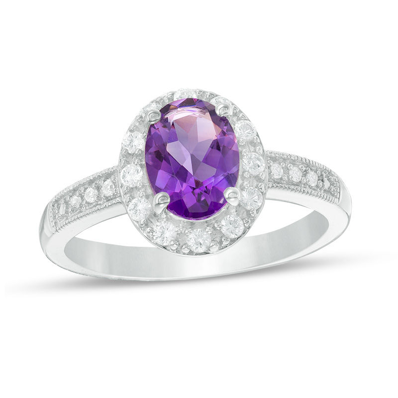 Oval Amethyst and Lab-Created White Sapphire Frame Vintage-Style Ring in Sterling Silver