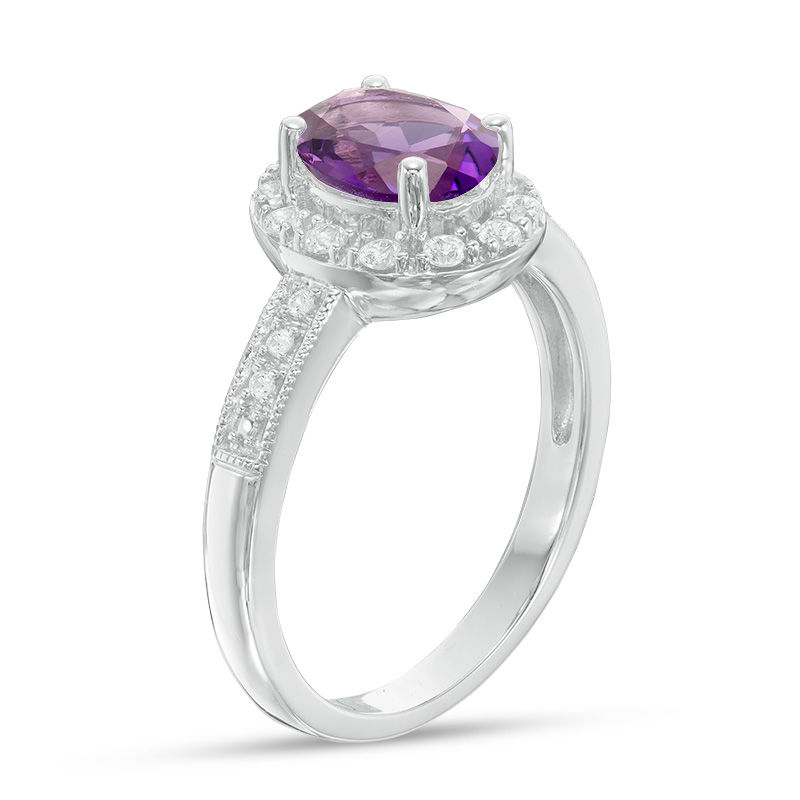 Oval Amethyst and Lab-Created White Sapphire Frame Vintage-Style Ring in Sterling Silver