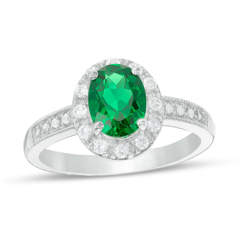 Main Image 1 of Oval Lab-Created Green Quartz and White Sapphire Frame Vintage-Style Ring in Sterling Silver