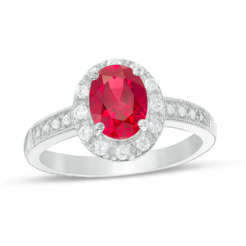 Oval Lab-Created Ruby and White Sapphire Frame Vintage-Style Ring in Sterling Silver|Peoples Jewellers