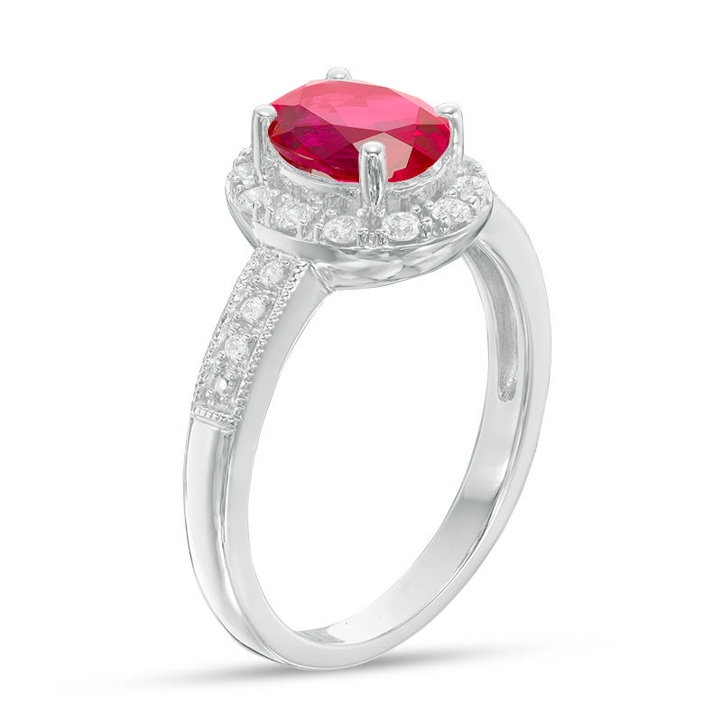 Oval Lab-Created Ruby and White Sapphire Frame Vintage-Style Ring in Sterling Silver