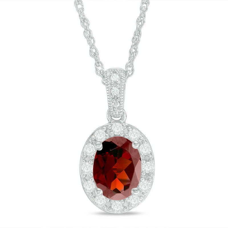 Main Image 1 of Oval Garnet and Lab-Created White Sapphire Frame Vintage-Style Pendant in Sterling Silver