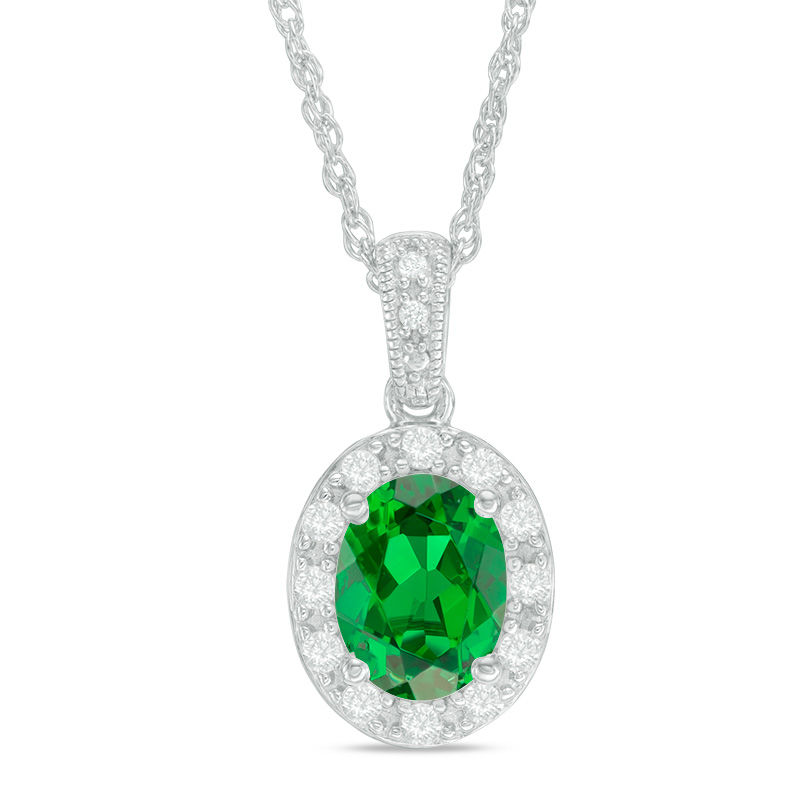 Main Image 1 of Oval Lab-Created Green Quartz and White Sapphire Frame Vintage-Style Pendant in Sterling Silver