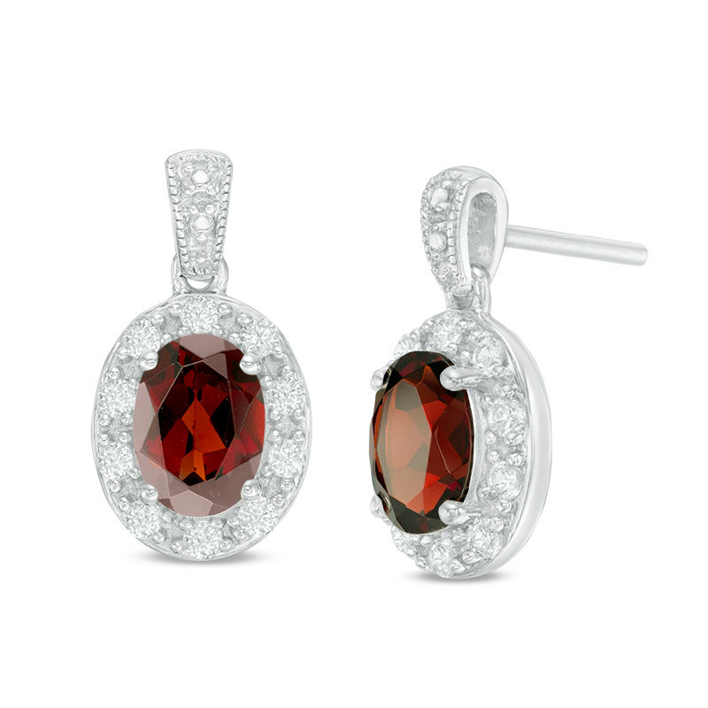 Main Image 1 of Oval Garnet and Lab-Created White Sapphire Frame Vintage-Style Drop Earrings in Sterling Silver