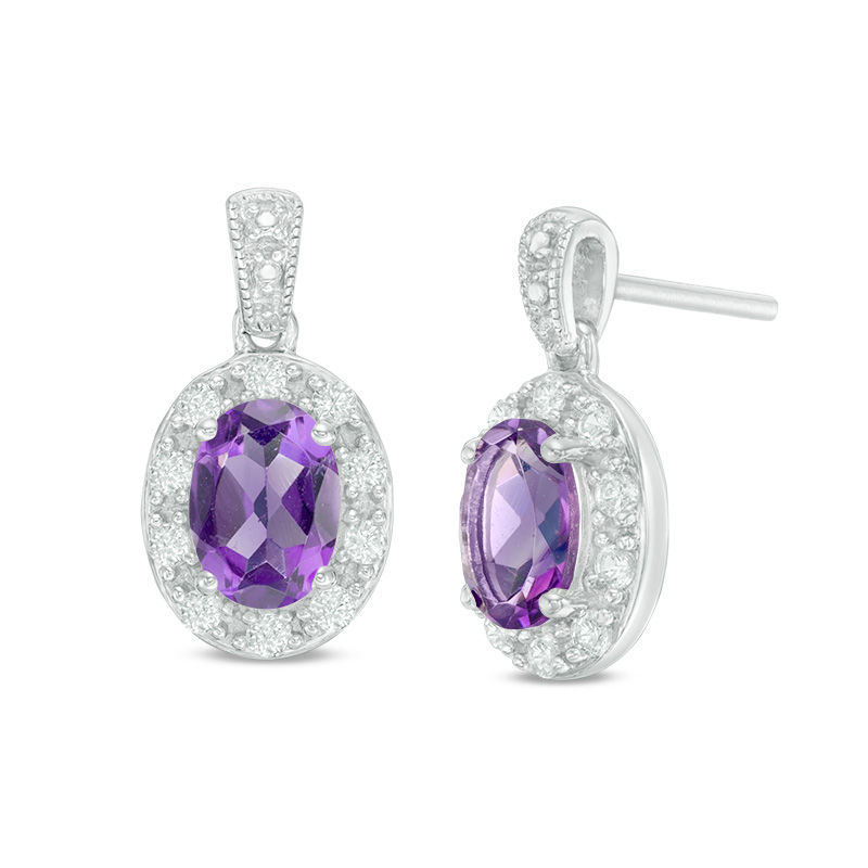 Main Image 1 of Oval Amethyst and Lab-Created White Sapphire Frame Vintage-Style Drop Earrings in Sterling Silver