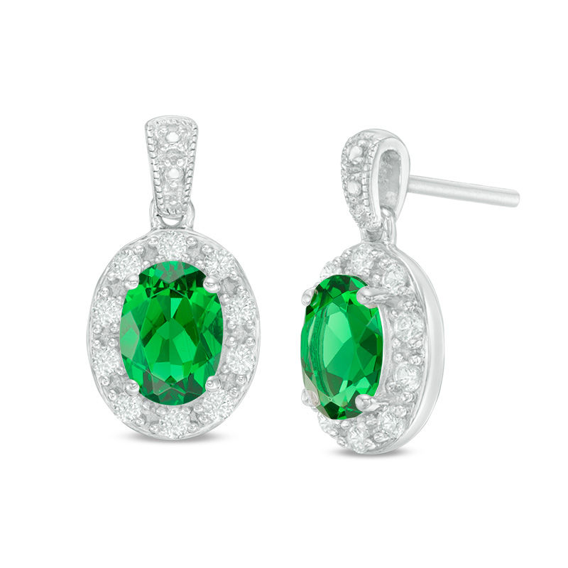 Main Image 1 of Oval Lab-Created Green Quartz and White Sapphire Frame Vintage-Style Drop Earrings in Sterling Silver