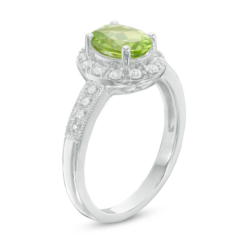 Main Image 2 of Oval Peridot and Lab-Created White Sapphire Frame Vintage-Style Ring in Sterling Silver