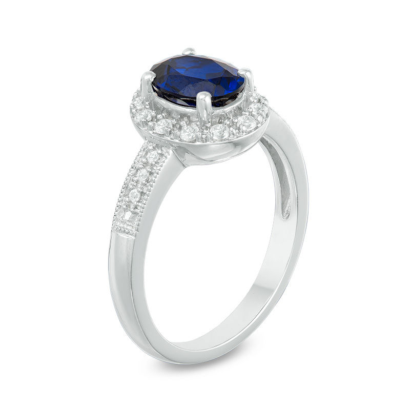 Main Image 2 of Oval Lab-Created Ceylon and White Sapphire Frame Vintage-Style Ring in Sterling Silver