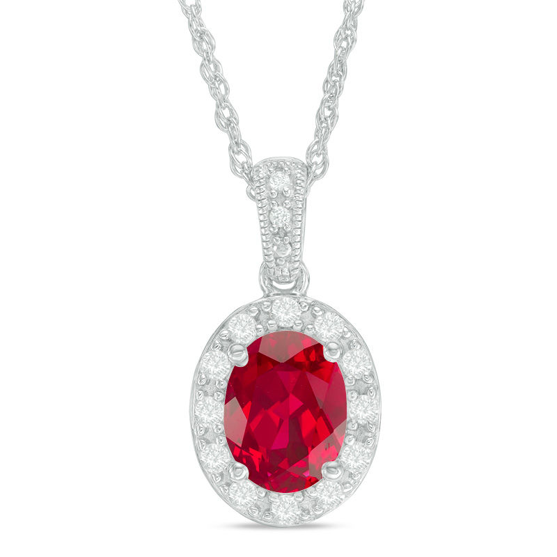 Oval Lab-Created Ruby and White Sapphire Frame Vintage-Style Pendant in Sterling Silver
