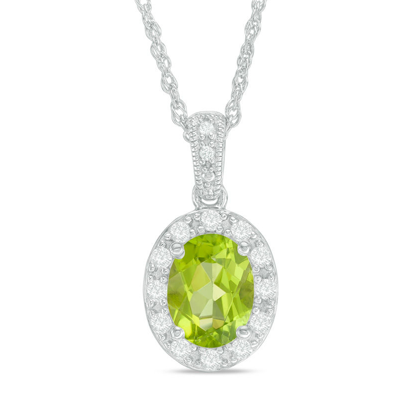 Oval Peridot and Lab-Created White Sapphire Frame Vintage-Style Pendant in Sterling Silver