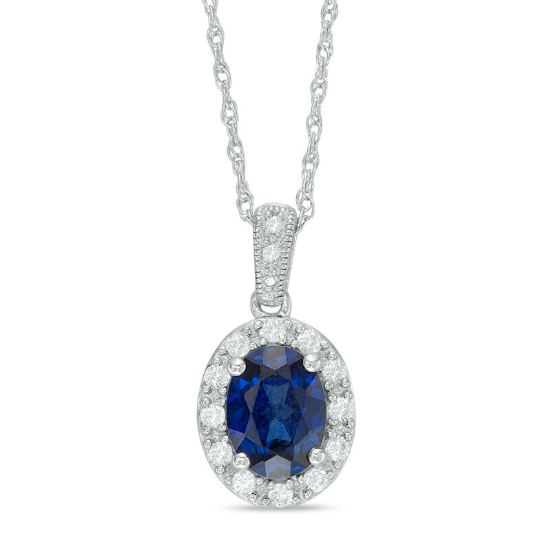 Main Image 1 of Oval Lab-Created Ceylon and White Sapphire Frame Vintage-Style Pendant in Sterling Silver
