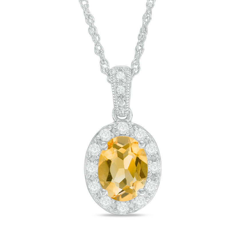 Oval Citrine and Lab-Created White Sapphire Frame Vintage-Style Pendant in Sterling Silver