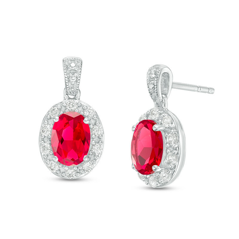 Oval Lab-Created Ruby and White Sapphire Frame Vintage-Style Drop Earrings in Sterling Silver