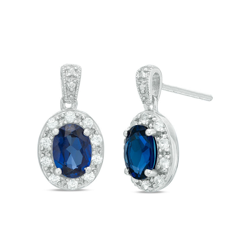 Main Image 1 of Oval Lab-Created Ceylon and White Sapphire Frame Vintage-Style Drop Earrings in Sterling Silver