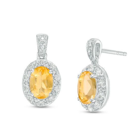 Oval Citrine and Lab-Created White Sapphire Frame Vintage-Style Drop Earrings in Sterling Silver
