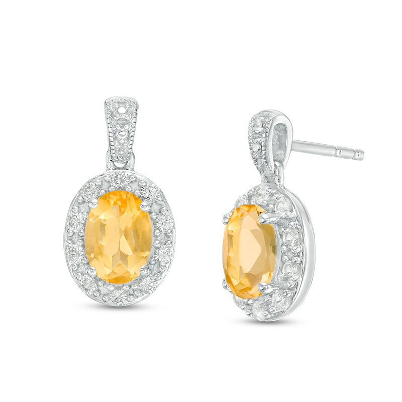 Oval Citrine and Lab-Created White Sapphire Frame Vintage-Style Drop Earrings in Sterling Silver