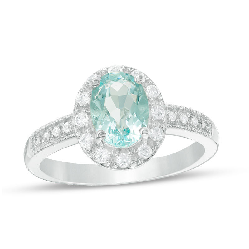 Oval Lab-Created Blue Quartz and White Sapphire Frame Vintage-Style Ring in Sterling Silver
