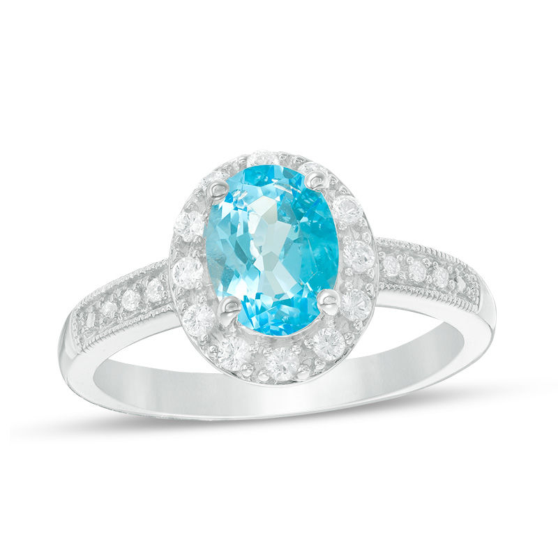 Oval Swiss Blue Topaz and Lab-Created White Sapphire Frame Vintage-Style Ring in Sterling Silver