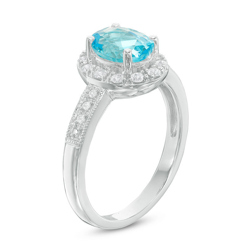 Main Image 2 of Oval Swiss Blue Topaz and Lab-Created White Sapphire Frame Vintage-Style Ring in Sterling Silver
