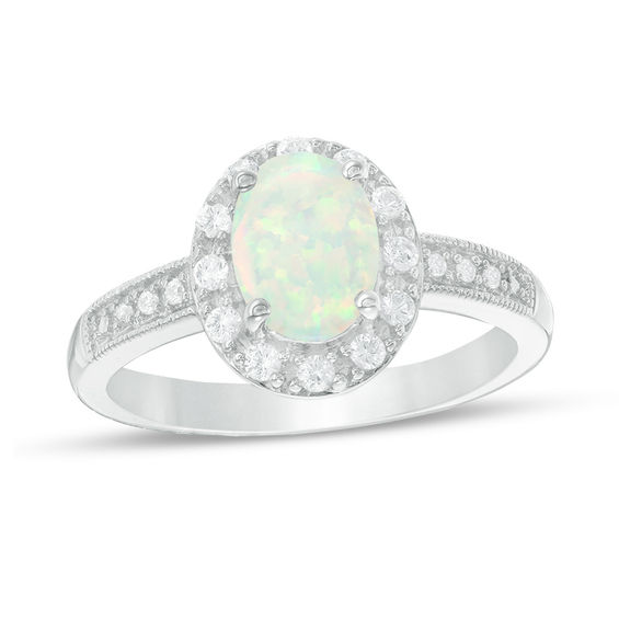 Oval Lab-Created Opal and White Sapphire Frame Vintage-Style Ring in Sterling Silver