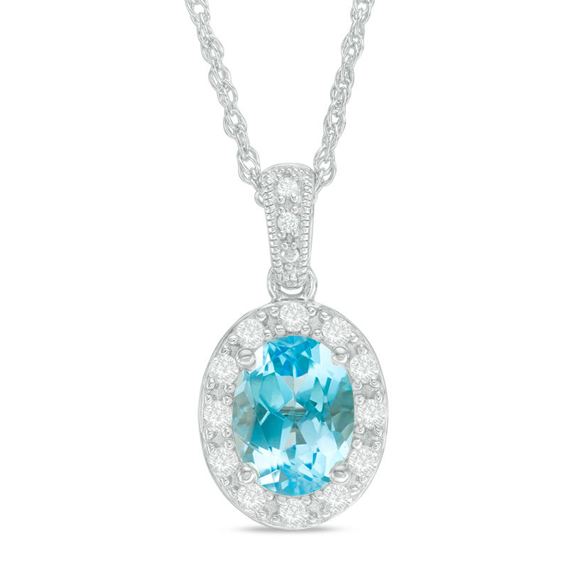 Oval Swiss Blue Topaz and Lab-Created White Sapphire Frame Vintage-Style Pendant in Sterling Silver