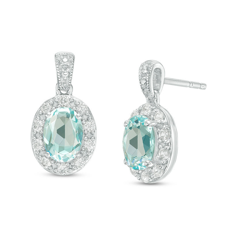 Main Image 1 of Oval Lab-Created Blue Quartz and White Sapphire Frame Vintage-Style Drop Earrings in Sterling Silver