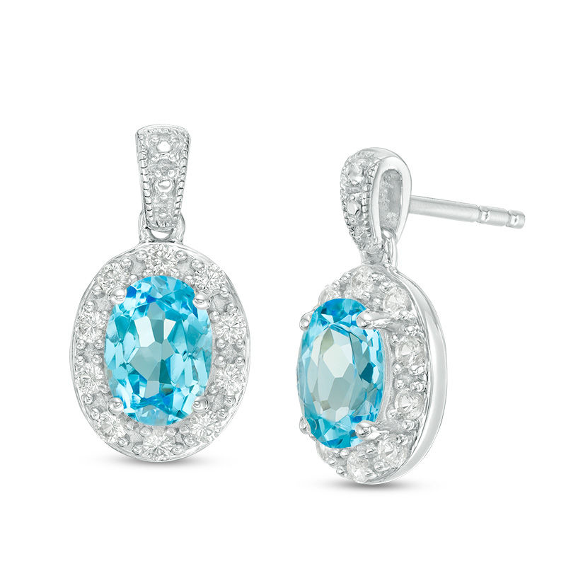 Oval Swiss Blue Topaz and Lab-Created White Sapphire Frame Vintage-Style Drop Earrings in Sterling Silver|Peoples Jewellers