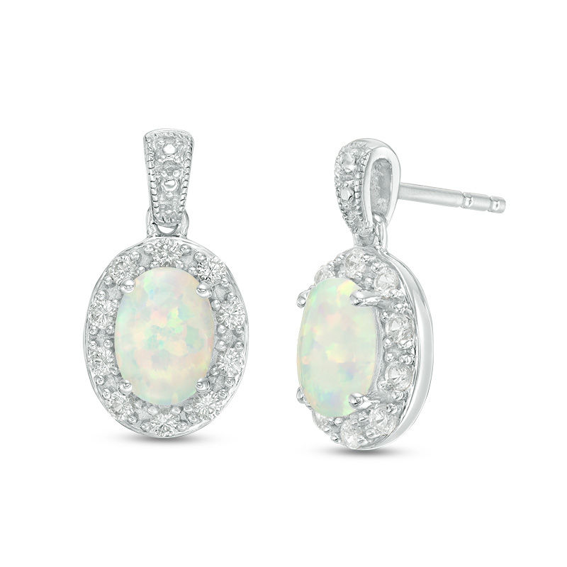 Main Image 1 of Oval Lab-Created Opal and White Sapphire Frame Vintage-Style Drop Earrings in Sterling Silver