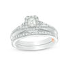 Thumbnail Image 1 of Perfect Fit 0.50 CT. T.W. Emerald-Cut Diamond Frame Vintage-Style Interlocking Bridal Set in 10K White Gold
