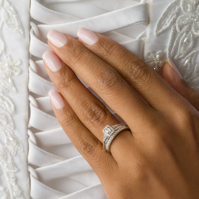 Perfect Fit 0.50 CT. T.W. Emerald-Cut Diamond Frame Vintage-Style Interlocking Bridal Set in 10K White Gold