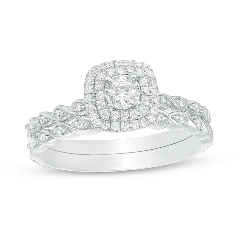 Main Image 1 of 0.30 CT. T.W. Diamond Double Cushion Frame Twist Braid Bridal Set in 10K White Gold