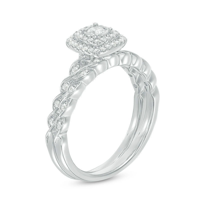 Main Image 2 of 0.30 CT. T.W. Diamond Double Cushion Frame Twist Braid Bridal Set in 10K White Gold