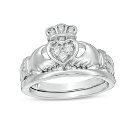 0.09 CT. T.W. Composite Diamond Claddagh Bridal Set in 10K White Gold