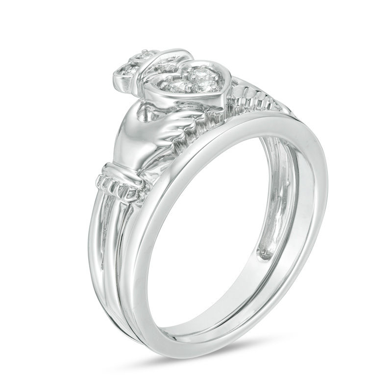 Main Image 2 of 0.09 CT. T.W. Composite Diamond Claddagh Bridal Set in 10K White Gold